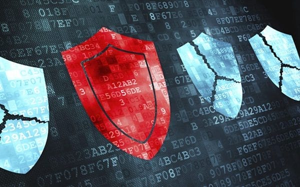 DDoS Mitigation red shield next to blue broken shields and data