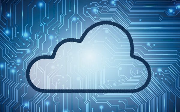 Image of a cloud overlay on top of a blue circuit board
