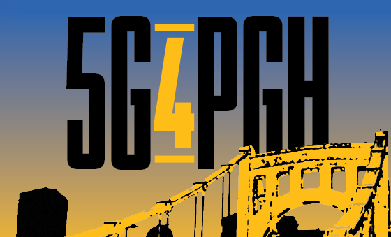 Stylized text "5G4PGH" in bold black font with a yellow "4," highlighting 5G technology, over a gradient blue-to-yellow background and a yellow graphic bridge, reminiscent of Pittsburgh’s iconic bridges.