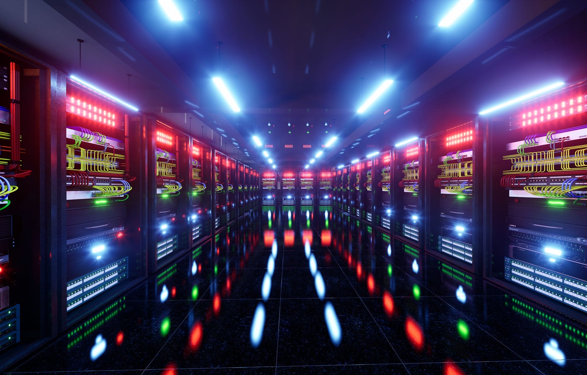 A brightly lit data center with rows of server racks featuring glowing red, blue, and green lights, reflecting on the shiny black floor. The ceiling is lined with modern overhead lights.