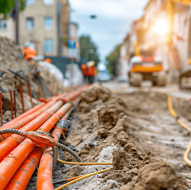 Bright orange utility pipes exposed in a trench along a city street under construction, with workers and construction vehicles blurred in the background.