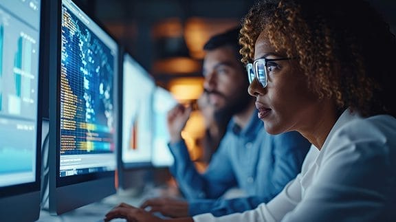 A woman wearing glasses closely examines code and data visualizations on a computer monitor, with a colleague working beside her in a dimly lit office filled with computer screens.