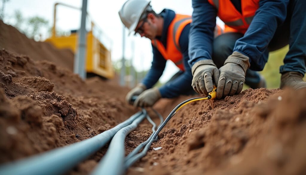 Two workers in safety gear and orange vests install or repair electrical cables in a trench, handling wires with gloved hands on a construction site with soil and utility equipment visible in the background.