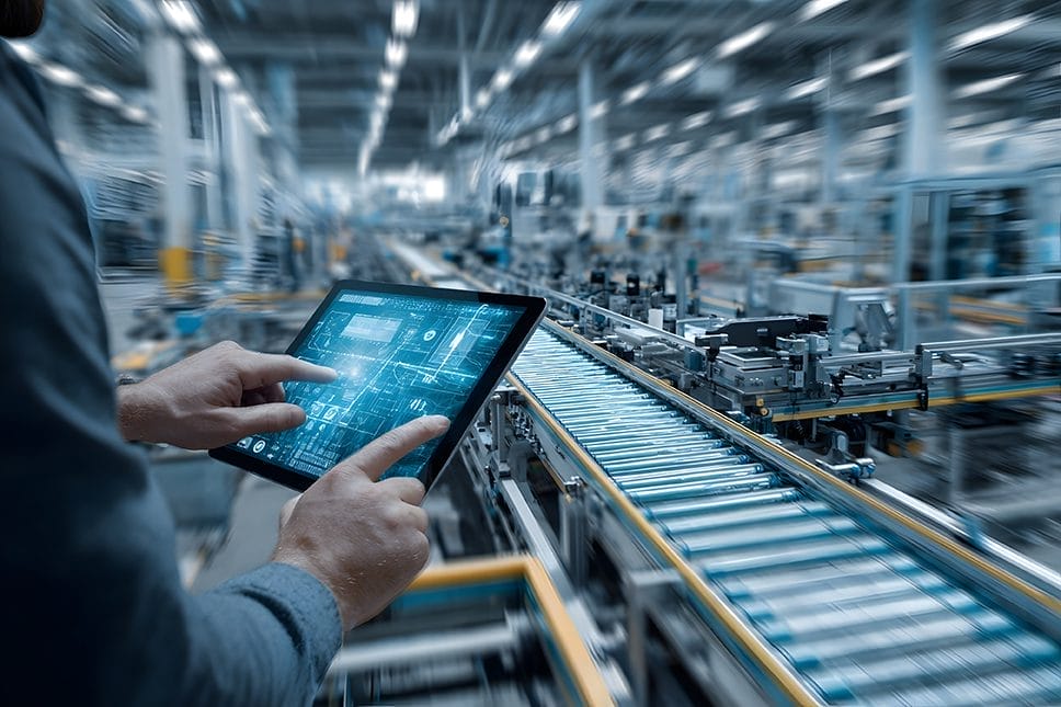 A person uses a tablet to monitor or control an automated conveyor system in a modern, brightly lit factory with advanced machinery in the background.