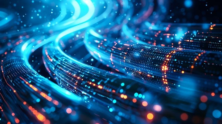 Abstract close-up of glowing blue and orange fiber optic cables or data streams, representing high-speed digital communication or data transfer in a futuristic technology setting.