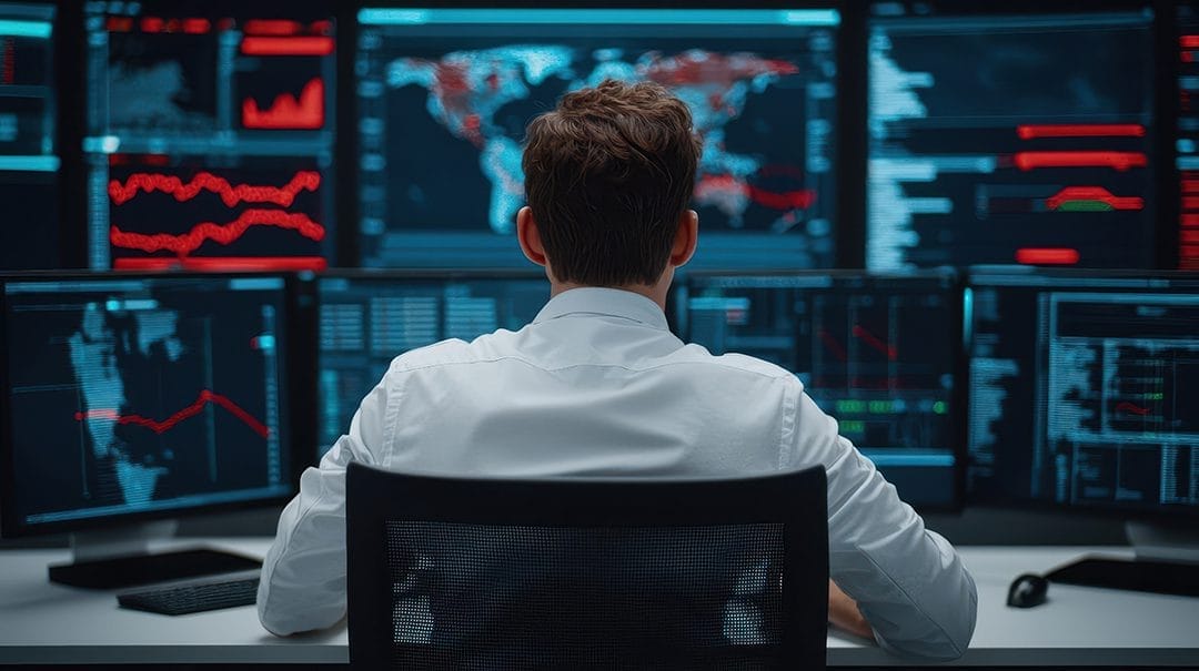 A person in a white shirt sits at a desk, facing multiple large computer monitors displaying graphs, charts, and a world map with red data visualizations, suggesting data analysis or cybersecurity monitoring.
