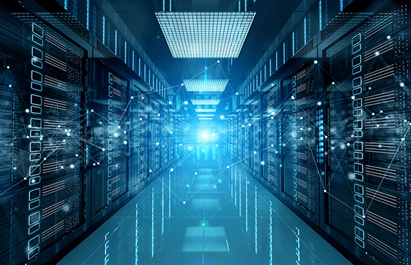 A futuristic data center hallway with rows of illuminated server racks on both sides and a bright blue light at the end, overlaid with digital network graphics representing data connections.