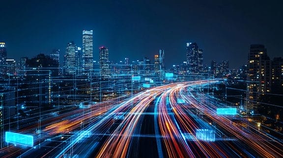 A city at night with bright skyscrapers and blurred lights of fast-moving traffic, overlaid with digital lines and data graphics, suggesting a concept of smart technology and futuristic urban infrastructure.