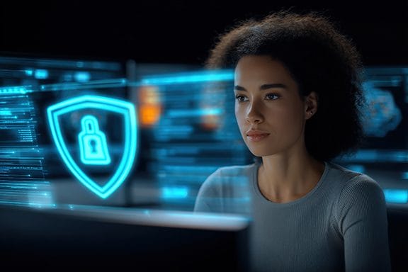 A woman sits at a computer, focused on her screen, with digital graphics of a lock inside a shield and data displays, symbolizing cybersecurity and data protection.