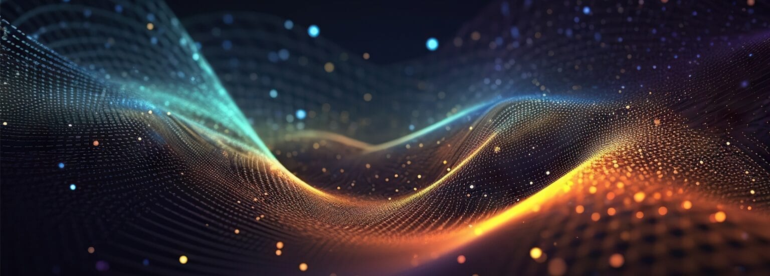 A colorful digital abstract image shows flowing waves of light and particles in blue, orange, and gold hues, resembling an enterprise fiber network for AI workloads or a dynamic data visualization on a dark background.